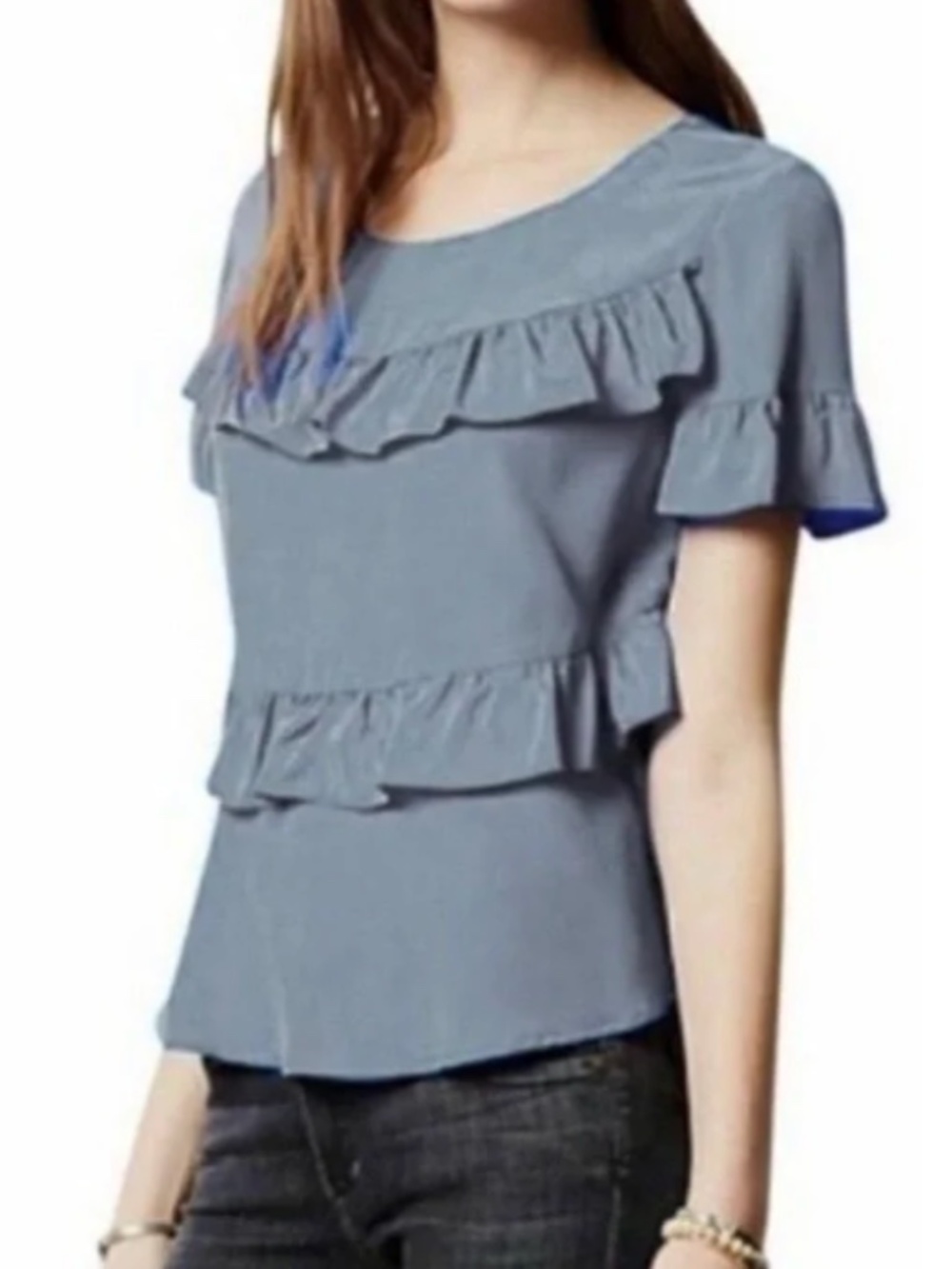 100% Silk Ruffle Top S T-Shirt Gray Short Sleeve Fairy Grunge Fairycore Blouse